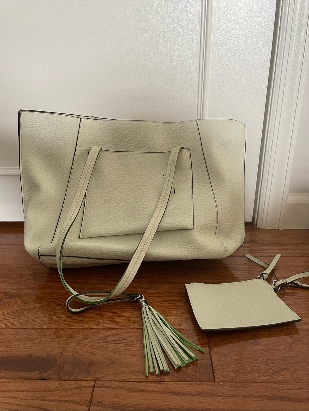 Saks Fifth Avenue Mint Green Tote Bag with Tassel Accent and Wristlet Wallet